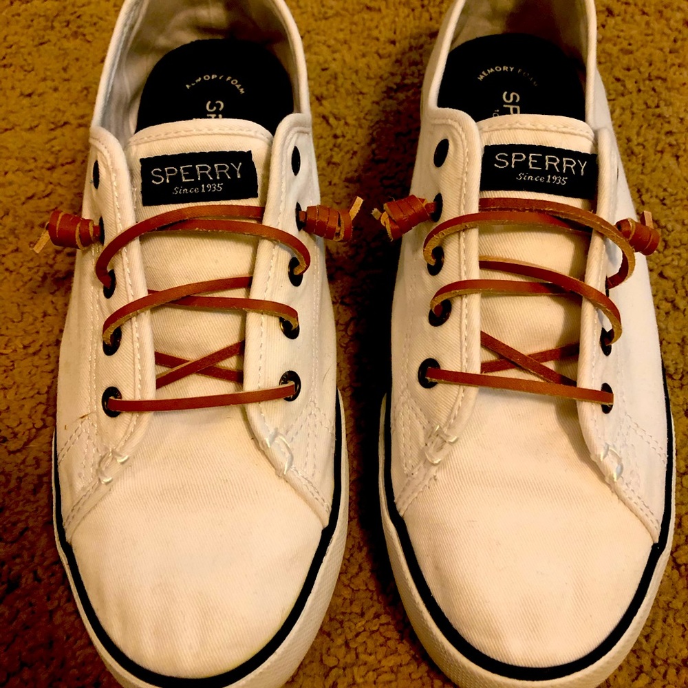 Women’s Sherry white slip on canvas with tan leather laces. Like new